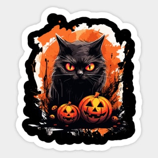 Spooky Black Cat with Halloween Pumpkins Sticker